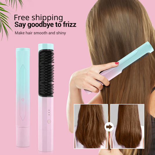 "2-in-1 Wireless Hair Straightening & Curling Brush – USB Rechargeable Heated Comb for Portable Styling"