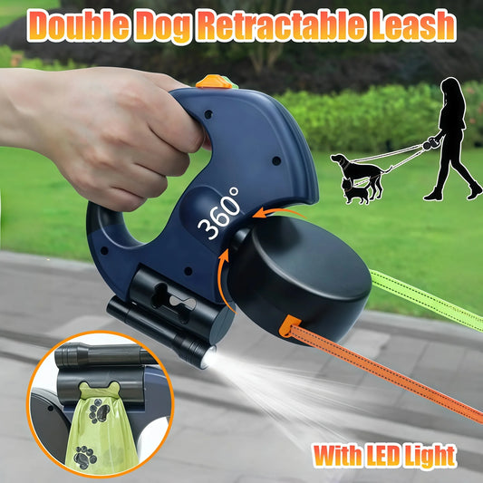 Dual Retractable Dog Leash with LED Flashlight – 3M Auto-Extend, 360° Tangle-Free, Waste Bag Dispenser – Double Pet Walking Rope