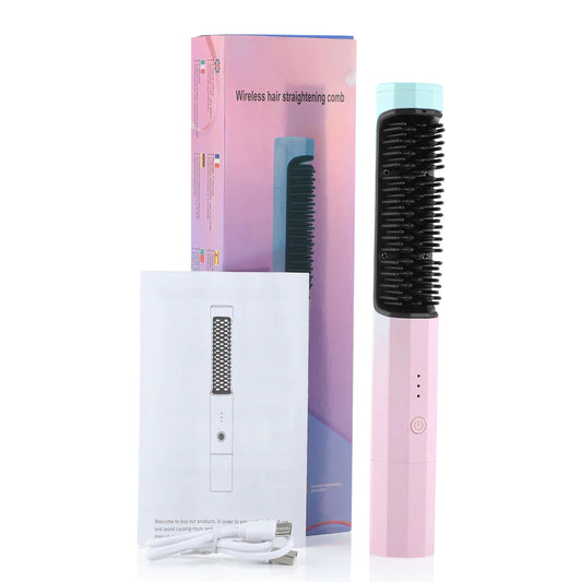 "2-in-1 Wireless Hair Straightening & Curling Brush – USB Rechargeable Heated Comb for Portable Styling"